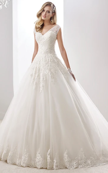 Cap Sleeve A-line Wedding Dress with V-neck and Tulle Straps Modern Bridal Gown