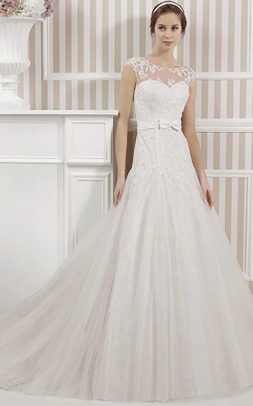 Appliqued Sleeveless A-Line Wedding Dress with Scoop Neck and Illusion Back