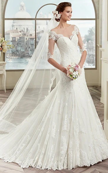 Illusive Design Lace Wedding Dress with Brush Train Half-sleeve Elegant 2024