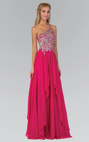 Draped One-Shoulder Chiffon A-Line Beaded Bridesmaid Dress