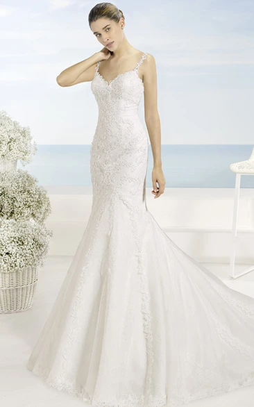 Lace Appliqued Mermaid Wedding Dress Spaghetti Sleeveless Floor-Length with Low-V Back and Court Train