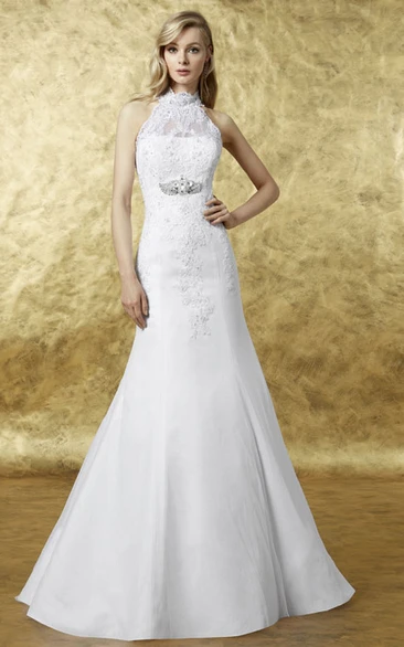 Sleeveless High Neck Satin Wedding Dress with Appliques and Illusion Back A-Line Wedding Dress