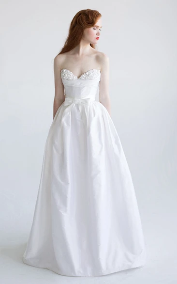 Sweetheart Satin Wedding Dress with Beading and V Back A-Line Floor-Length