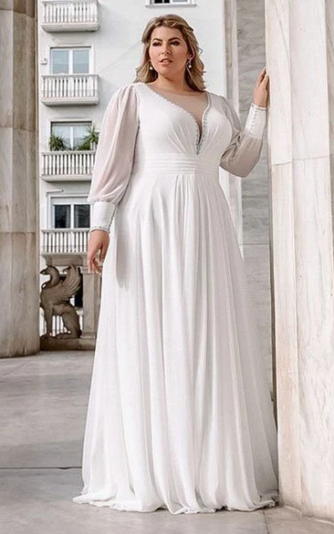 Chiffon V-Neck A-Line Wedding Dress with Ruching and Deep-V Back Simple and Elegant