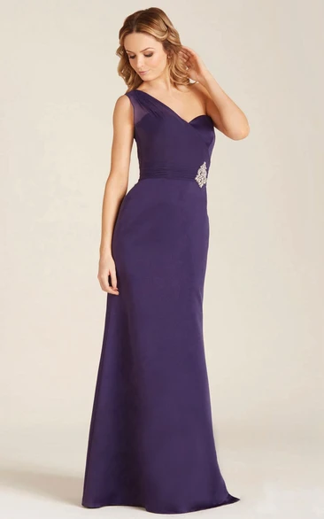 Sleeveless Satin Maxi Bridesmaid Dress with Jeweled One-Shoulder Detail