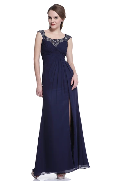 Split Front Cap-Sleeve Chiffon Formal Dress with Beading in Sheath Style