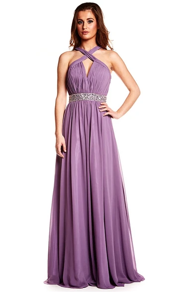 Halter Chiffon Prom Dress with Ruched Bodice Sleeveless