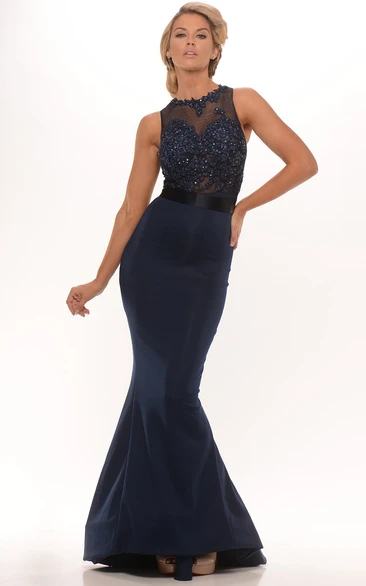 High Neck Sleeveless Satin Mermaid Prom Dress Appliqued Classy