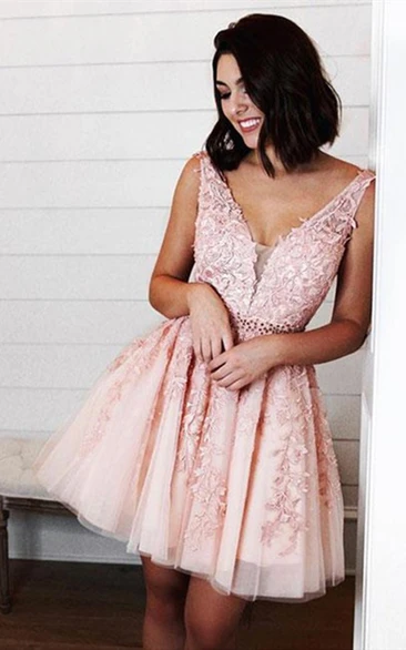 Adorable A Line Lace Tulle Homecoming Dress with Beading and V-neck