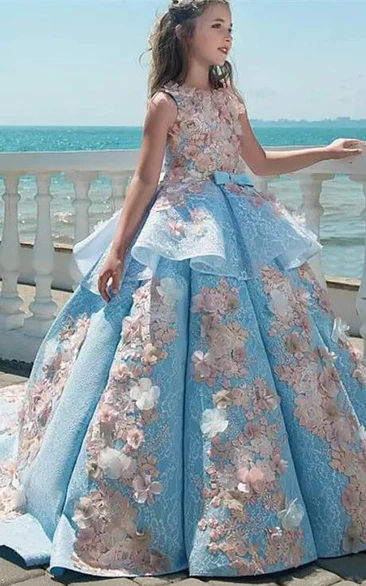 Luxury Sleeveless Ruched Ball Gown Flower Girl Dress with Floral Design