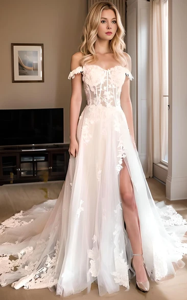 Flowy Summer Bohemian Lace Sleeveless Off-the-Shoulder Wedding Dress with High Split Front and Chapel Train
