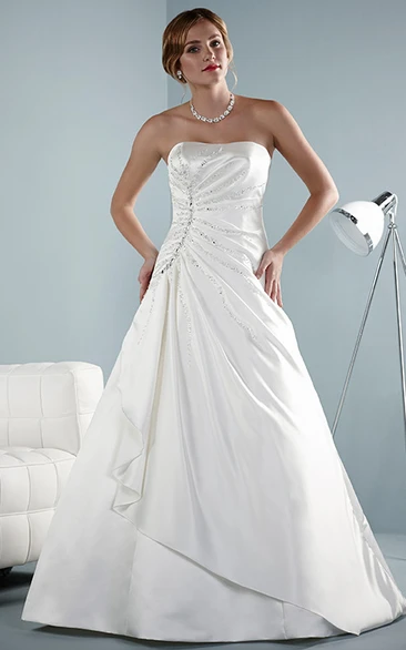 Beaded Satin A-Line Wedding Dress with Side Draping and Lace-Up Back