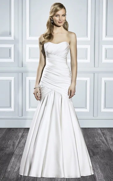 Long Trumpet Satin Wedding Dress with Ruching and V-Back