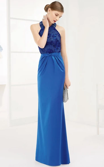 Long Halter Sheath Prom Dress with Appliqued Top and Waist Bow