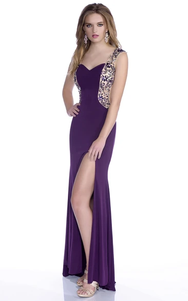 Rhinestone Applique V-Neck Jersey Prom Dress in Column Style