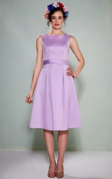 Satin Bridesmaid Dress with Sleeveless Bateau Neck Tea-Length Dress