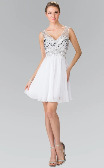 Empire Chiffon Beaded A-Line Short Formal Dress with V-Neck and Pleats
