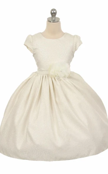 Beaded Floral Tea-Length Flower Girl Dress with Ribbon Flowy and Chic