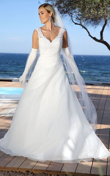 V-Neck Tulle&Satin Wedding Dress with Applique and Draping Elegant Bridal Gown