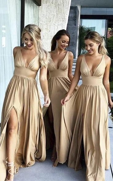 Empire Sleeveless Bridesmaid Dress with Plunging V-neck Front Split and Pleats