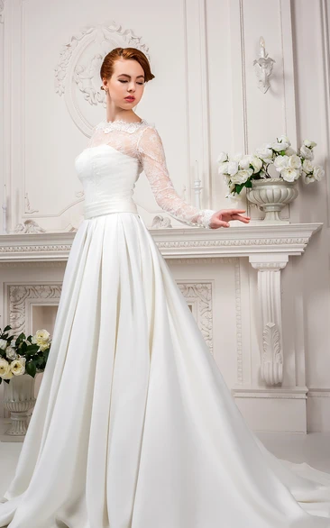 Satin&Lace Long-Sleeve Wedding Dress A-Line High Neck