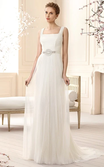 Ruched Square-Neck Sleeveless Tulle Wedding Dress with Jewellery Waist Elegant Sheath Dress