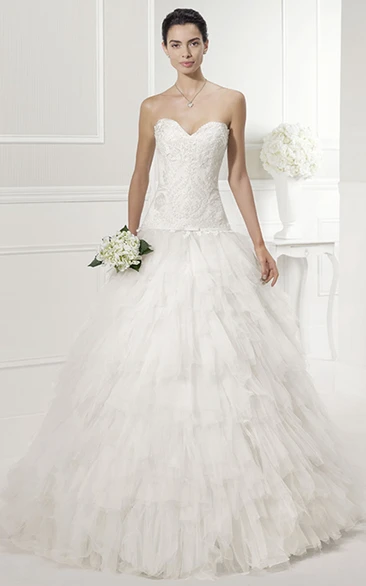 Sweetheart Drop Waist Wedding Dress with Tiered Tulle Skirt and Crystal Waist