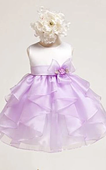 Organza Satin Flower Girl Tea-Length Dress with Tiered Skirt