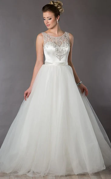 Bridal Ball Gown with Satin Top Tulle Skirt and Crystals Scoop Neck