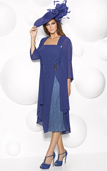 Lace Chiffon Mother Of The Bride Dress with Cape Tea-Length Square Neck 3-4 Sleeve