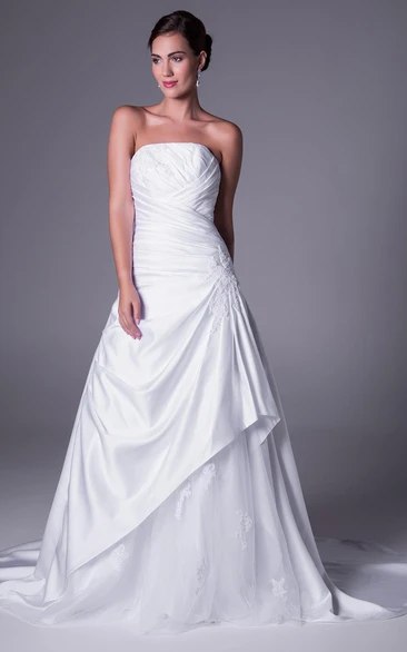 Satin A-Line Wedding Dress with Side Draping Appliques and Strapless Design