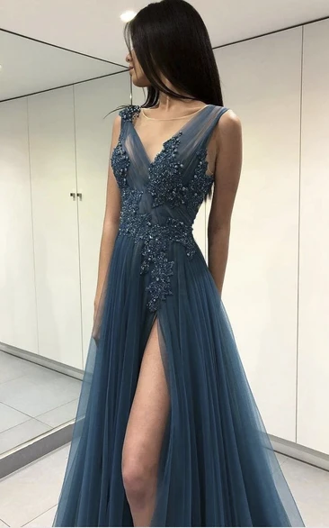 Sexy V-neck Floor-length Dress with Appliques and Beading Formal Dress