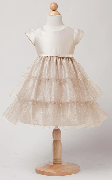 Bowed Cap-Sleeve Satin Flower Girl Dress with Ruffles Tea-Length Empire