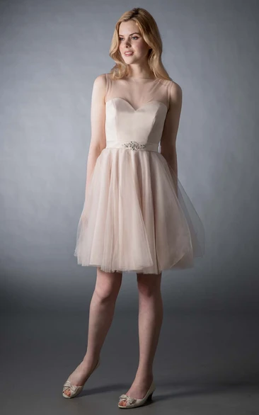 A-Line V-Neck Jeweled Tulle Bridesmaid Dress Sleeveless Short Button