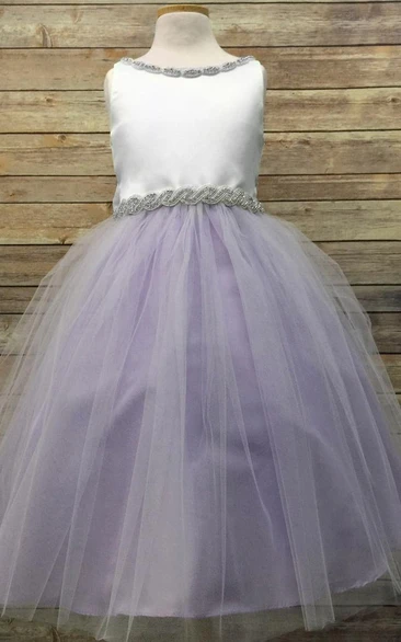 V-Neck Beaded Tulle & Satin Tea-Length Flower Girl Dress