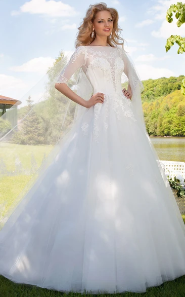 Appliqued Tulle Ball Gown Wedding Dress With Illusion Neckline and Sleeves