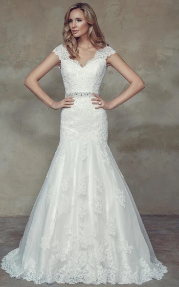 Mermaid Lace Wedding Dress with V-Neck and Jeweled Cap-Sleeves