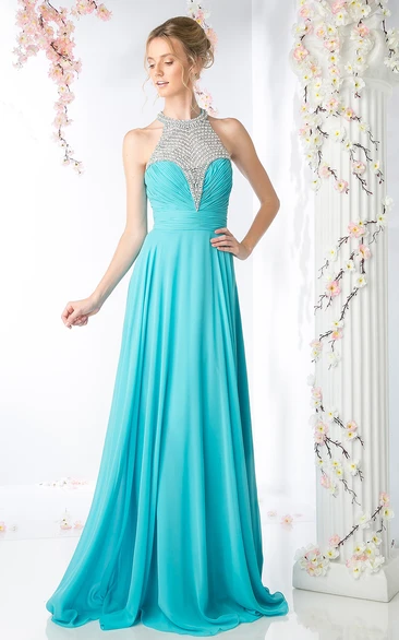 Halter Sleeveless Chiffon Dress with Beading and Ruching A-Line Bridesmaid Dress