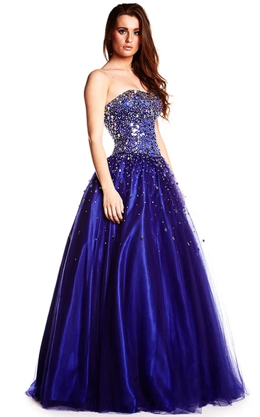 A-Line Beaded Strapless Sequins Prom Dress Long Sleeveless Unique Party Dress