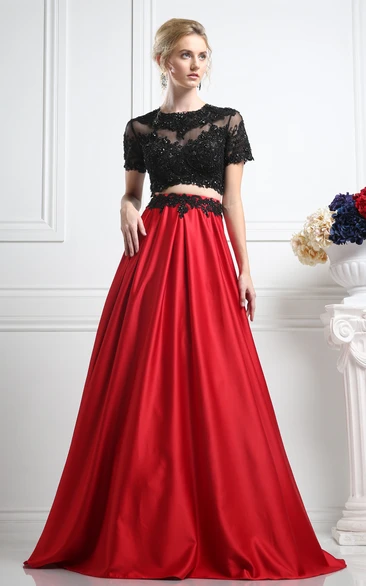 Satin Illusion Dress with Appliques Two-Piece A-Line Maxi
