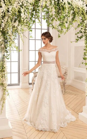 Off-The-Shoulder Lace Applique A-Line Wedding Dress with Ribbon