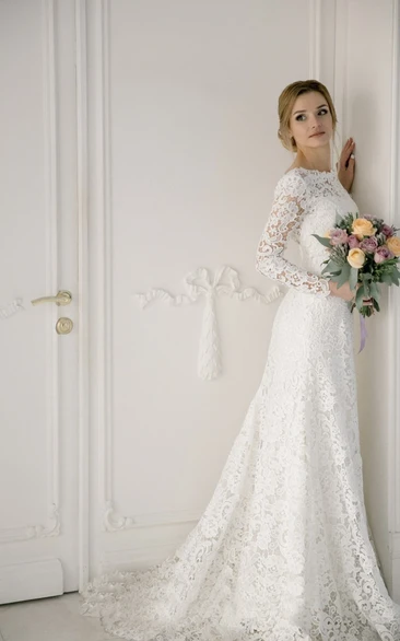 Mermaid Bateau Lace Wedding Dress with V-back Classy Bridal Gown