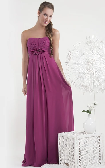 Ruched Strapless Chiffon Bridesmaid Dress with Flower Elegant Maxi