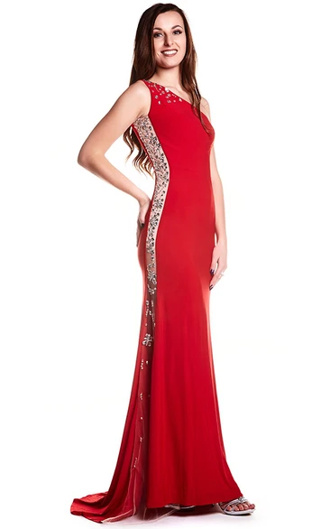 Sheath One-Shoulder Sleeveless Beaded Jersey Prom Dress with Low-V Back Unique Prom Dress