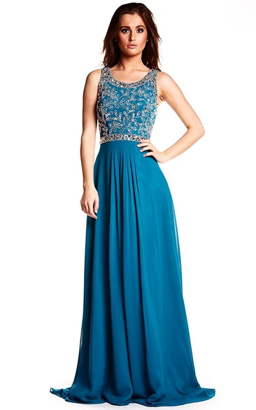 Beaded A-Line Chiffon Prom Dress with Brush Train Sleeveless Zipper Back