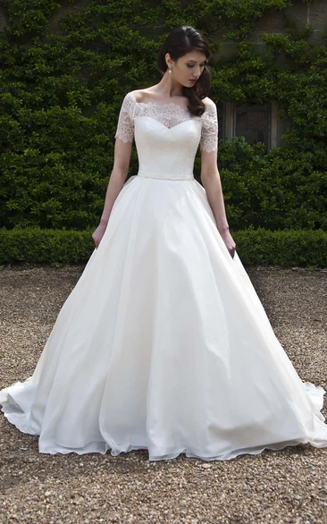 Short Sleeve Tulle and Satin Ball Gown Wedding Dress with Bateau Neckline