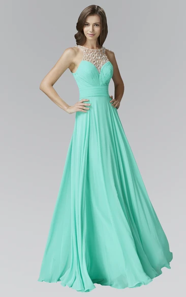 Chiffon A-Line Deep-V Back Formal Dress with Beading and Pleats