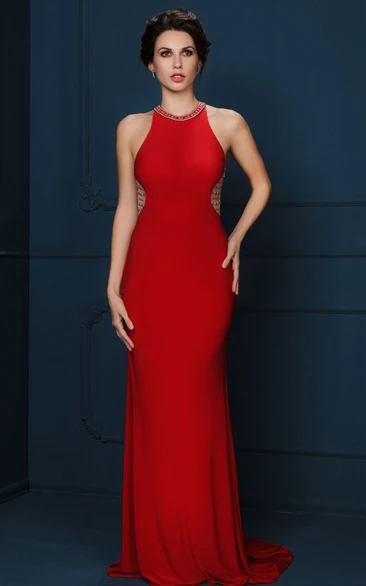 Long Scoop-Neck Sheath Beaded Evening Dress