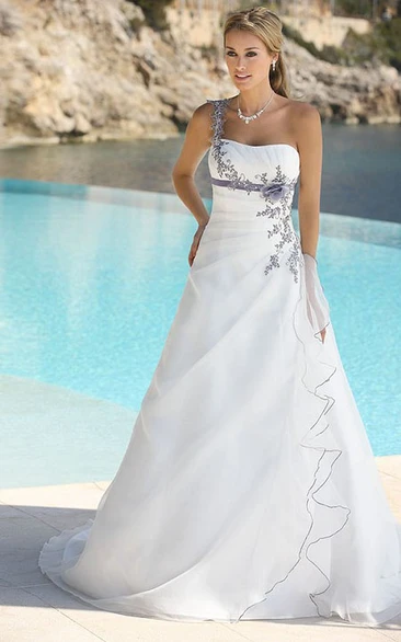 One-Shoulder Satin A-Line Wedding Dress with Flower and Draping Classic Bridal Gown