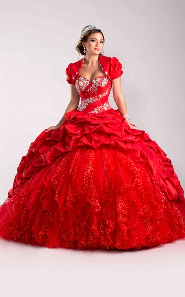 Crystal Ruched Corset Ball Gown with Cascading Ruffles Formal Dress